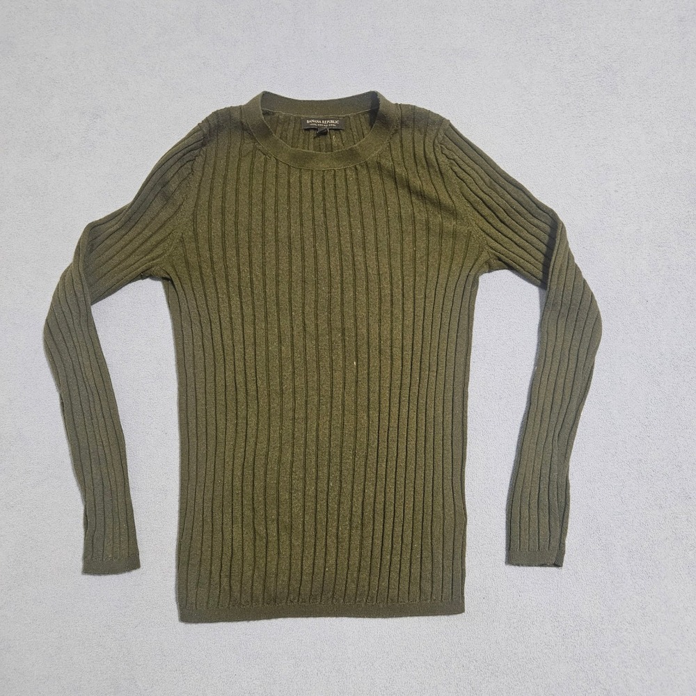 Banana Republic Ribbed Merino Wool Sweater Olive Green Crew Neck Long Sleeve M